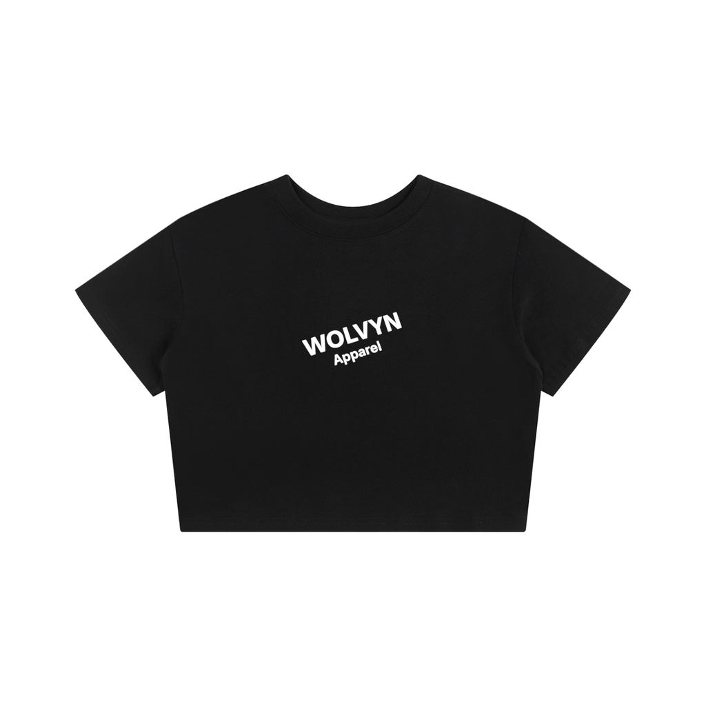Wolvyn Baby Tee 100% cotton cropped loose fit round neck short sleeve black white 200 GSM print 40x52 cm
