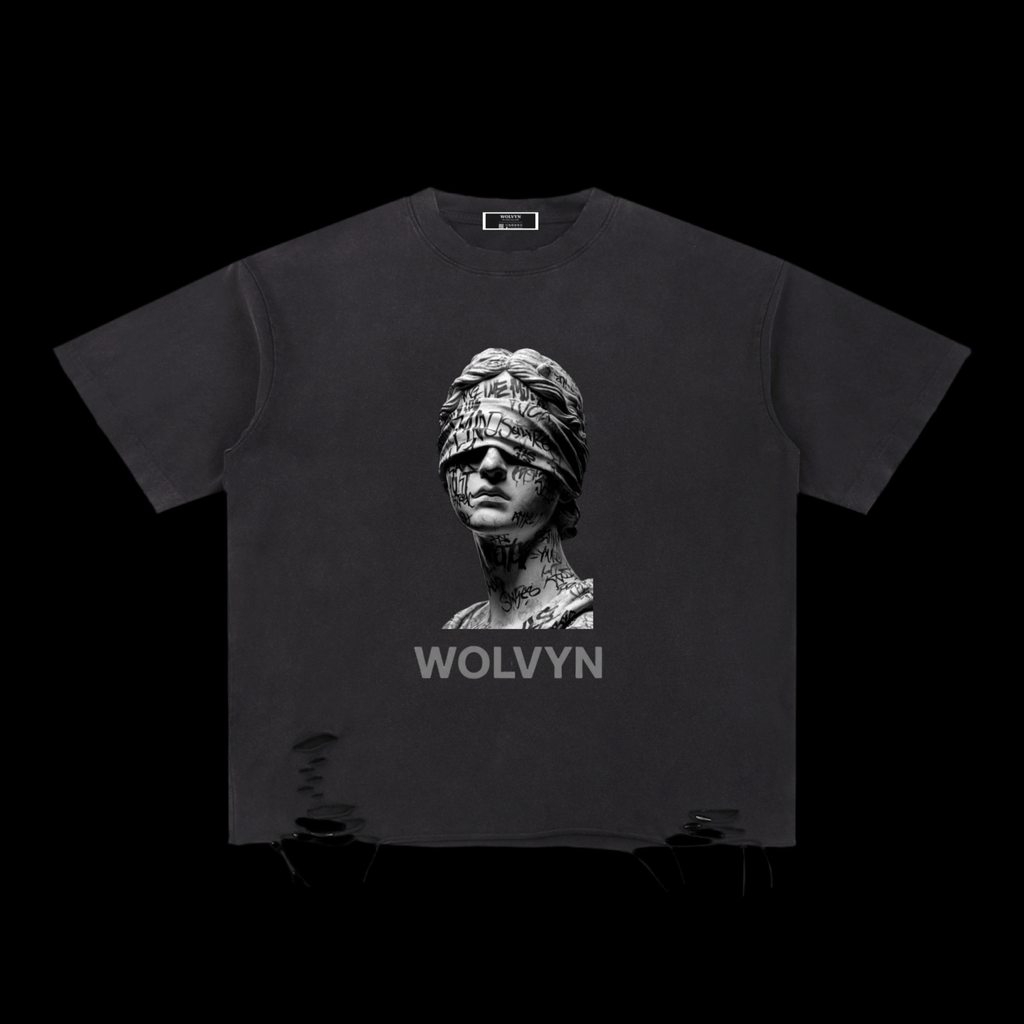 Wolvyn Blindfold Snow Washed Raw - Hem T-Shirt - Wolvyn Apparel