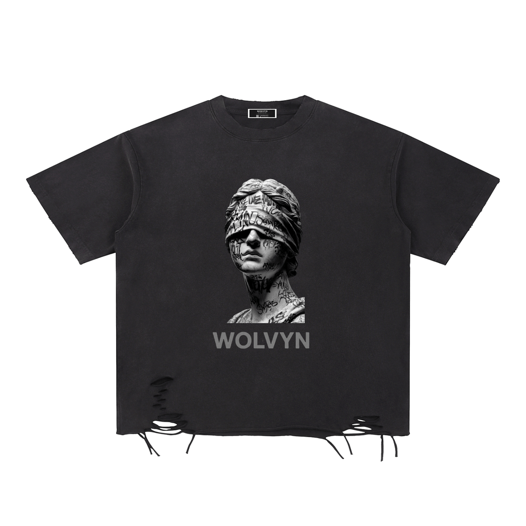 Wolvyn Blindfold Snow Washed Raw - Hem T-Shirt - Wolvyn Apparel