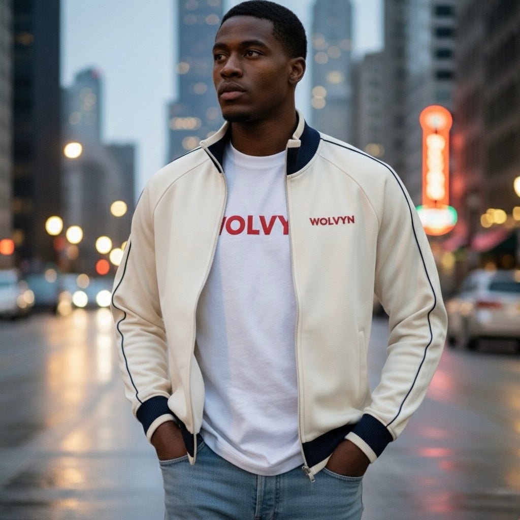 Wolvyn Chi Red Color Block Raglan Sleeve Zip Track Jacket unisex loose fit stand collar zip patchwork panels 61.9% cotton 380 g fabric