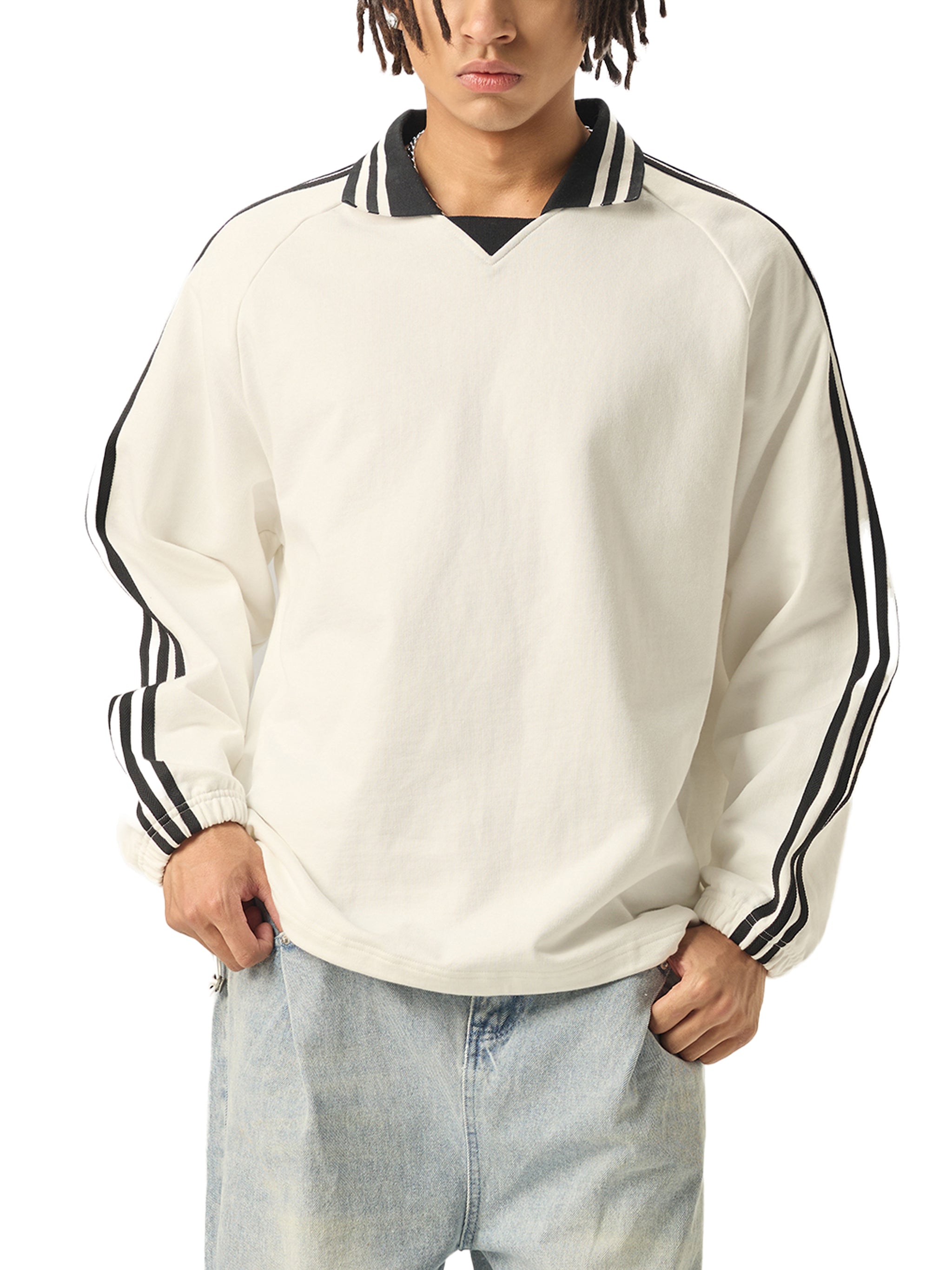 Wolvyn Contrast Striped Lapel Collar Sweatshirt - Wolvyn Apparel