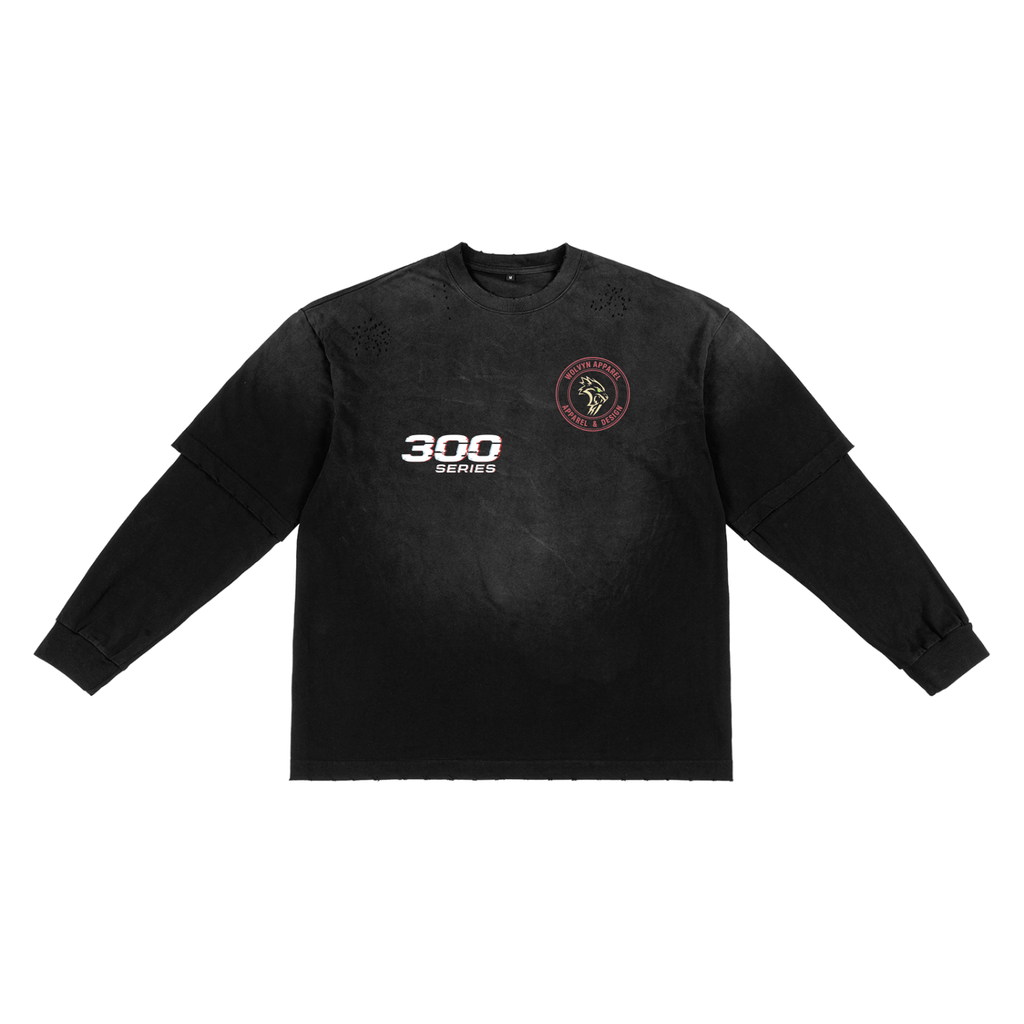 Wolvyn Design Sunfade hand-frayed faux two-piece black cotton tee, oversized long sleeves, faded sun print at chest