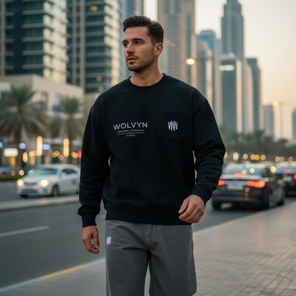 Wolvyn Dubai heavyweight crewneck sweatshirt unisex loose drop shoulder patch pocket 85% cotton 15% polyester