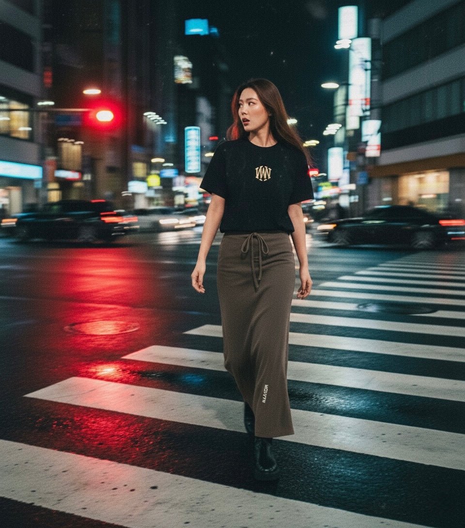 Wolvyn Dyed Washed Drawstring Maxi Skirt, faded wash, mid-waist bodycon, elastic drawstring waist, ankle length