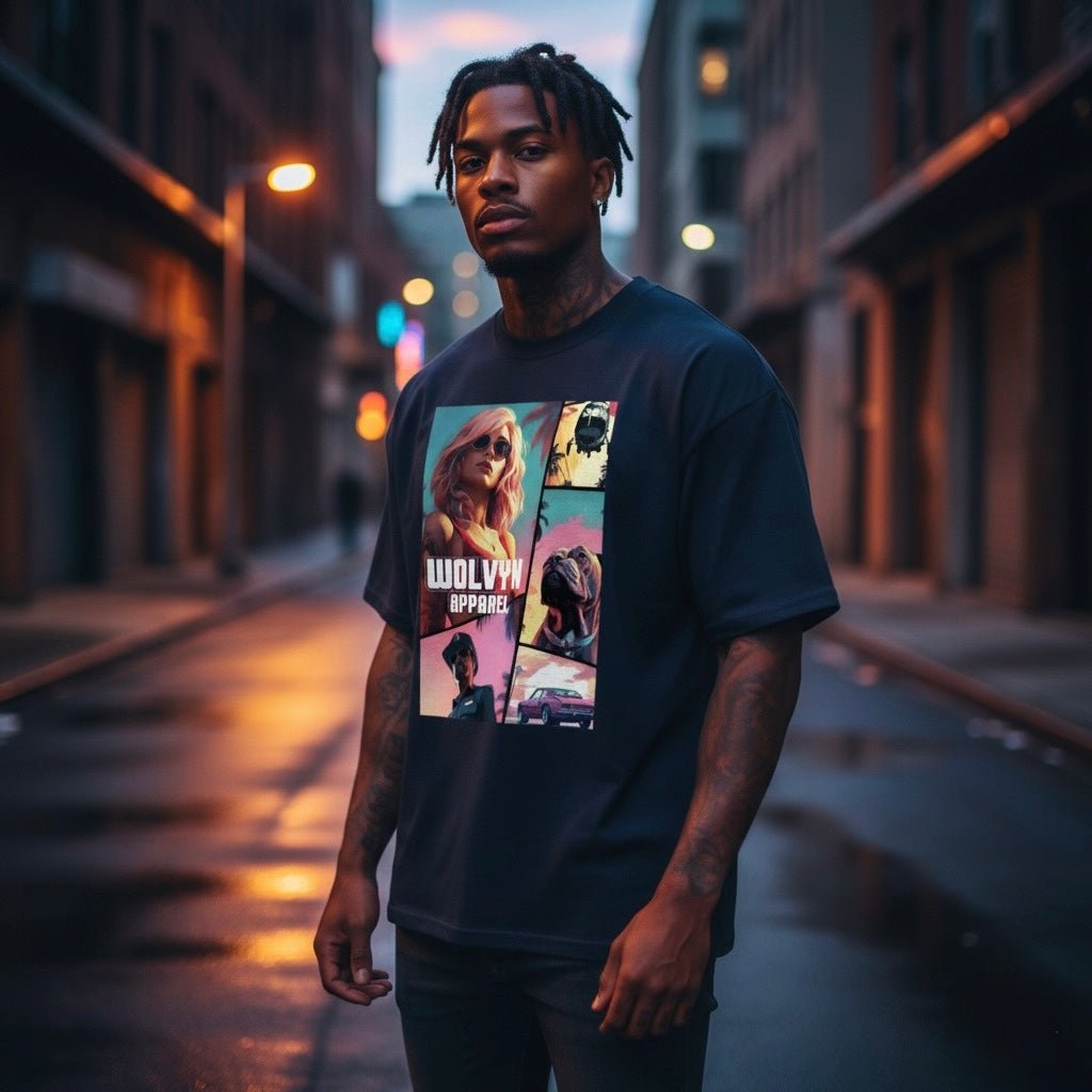 Wolvyn Grand Theft Unisex T-Shirt loose drop-shoulder 100% cotton 230 g/m² black with 40x52 cm front graphic