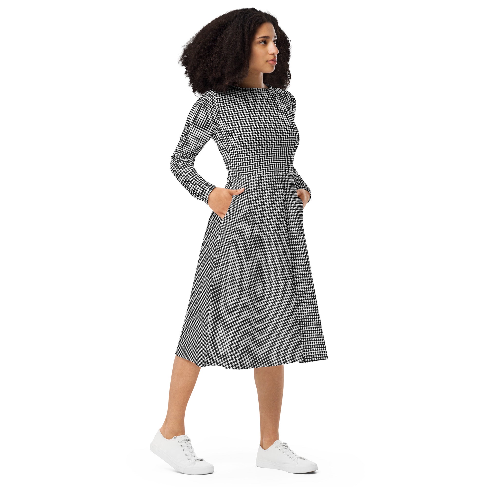 Wolvyn Houndstooth All - over print long sleeve midi dress - Wolvyn Apparel