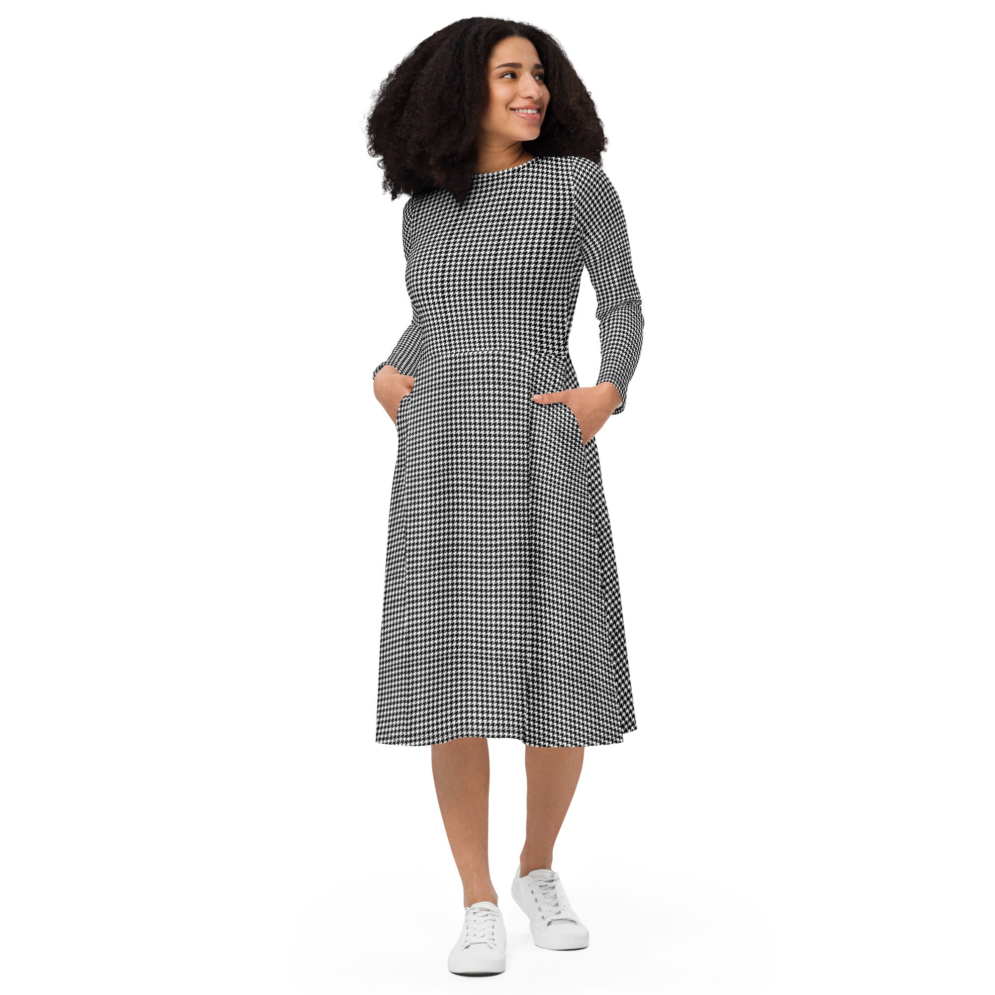 Wolvyn Houndstooth All - over print long sleeve midi dress - Wolvyn Apparel