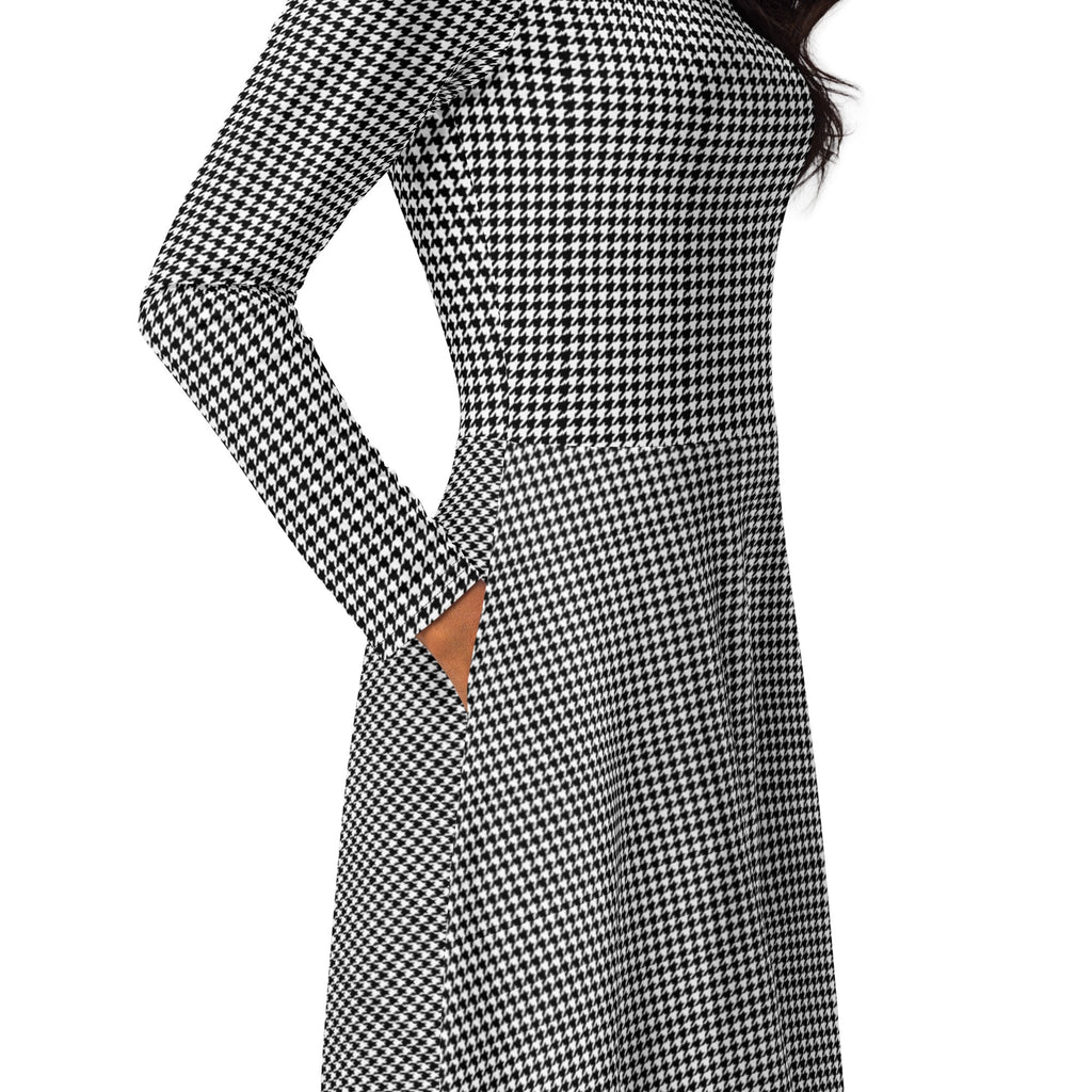 Wolvyn Houndstooth All - over print long sleeve midi dress - Wolvyn Apparel