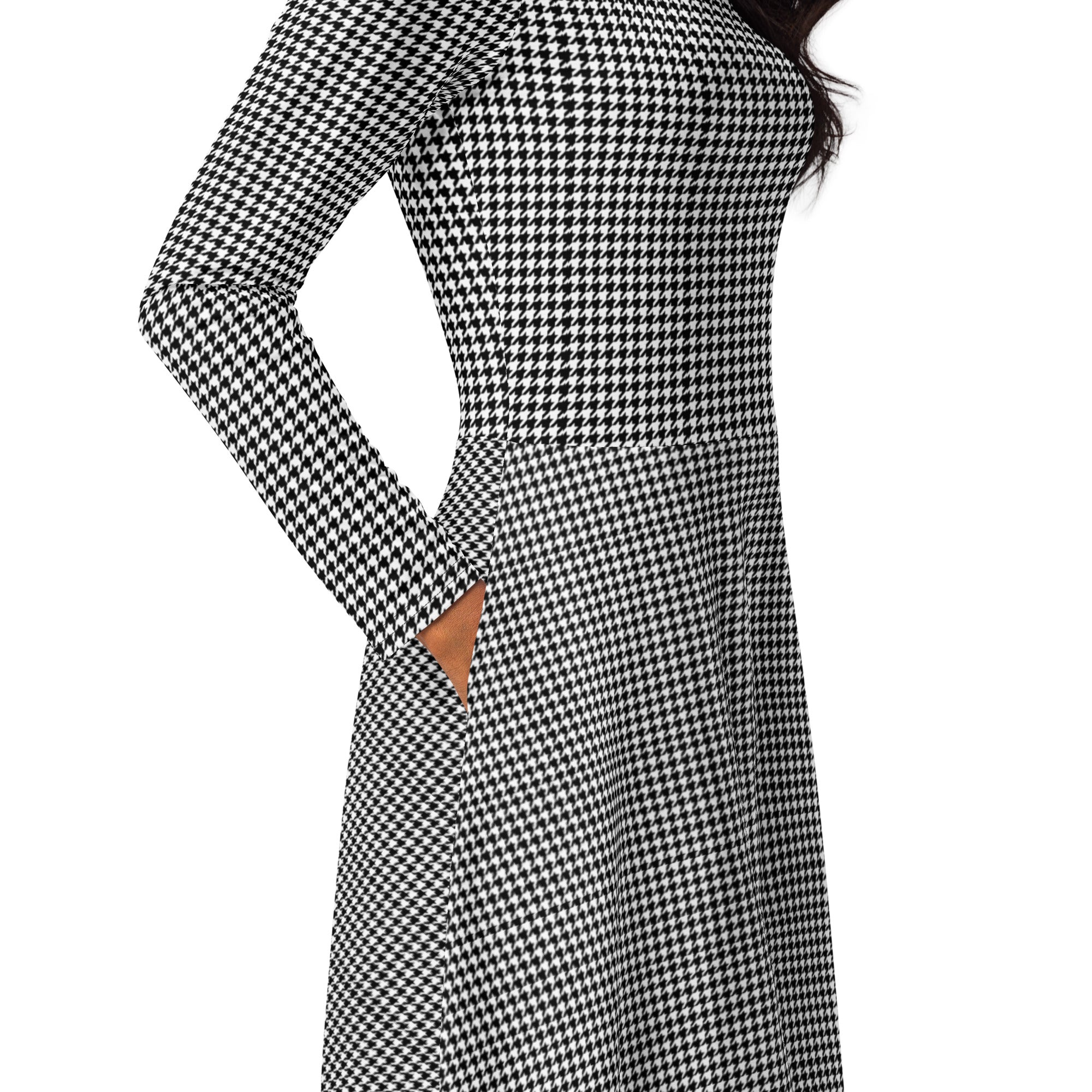 Wolvyn Houndstooth All - over print long sleeve midi dress - Wolvyn Apparel