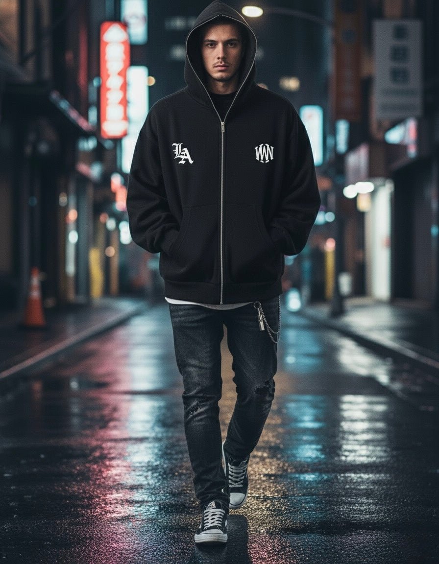 Wolvyn LA Branch fleeced full-zip boxy hoodie men loose cropped fit hood zipper 350 g/m² fleece drop shoulder