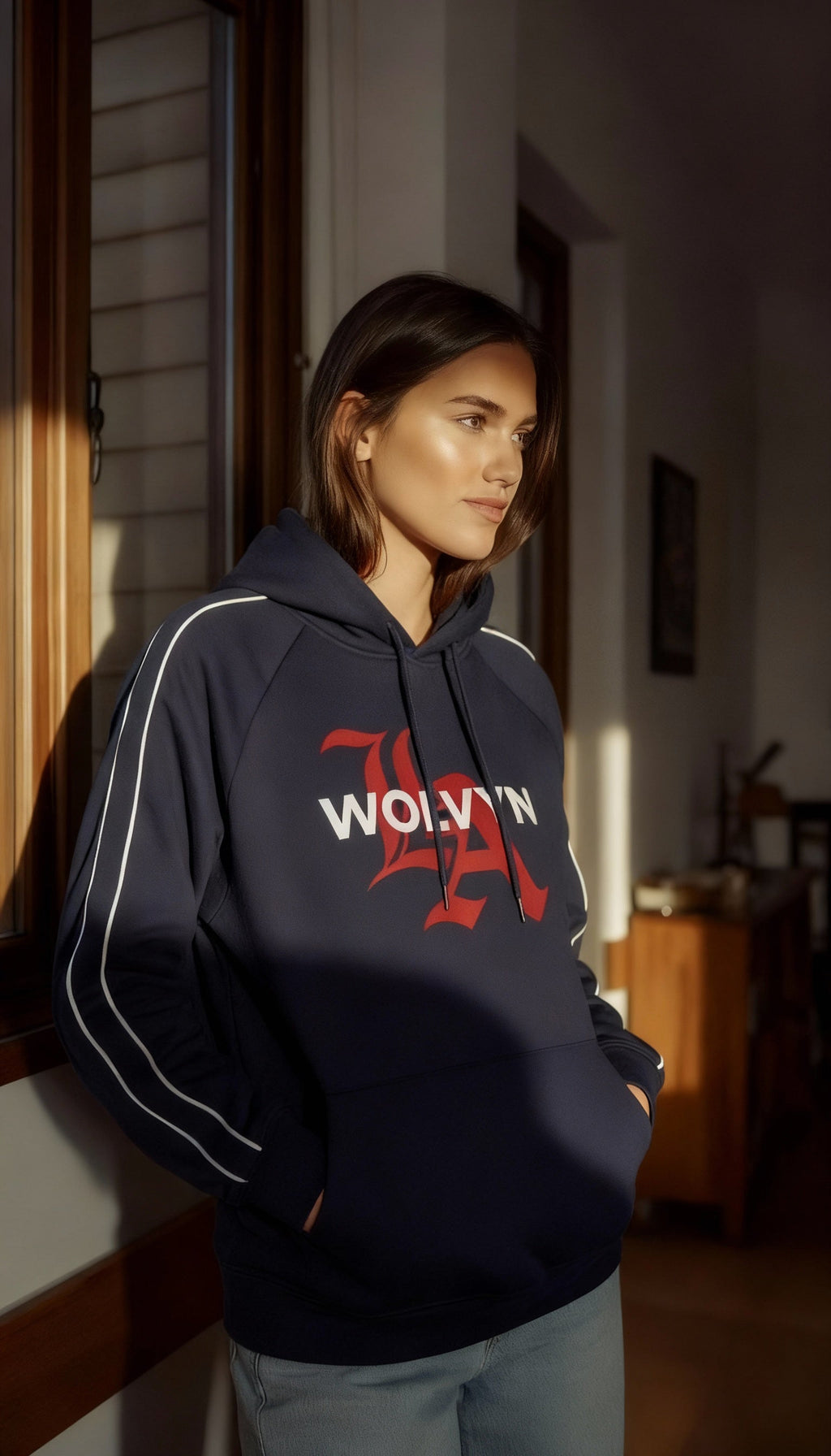 Wolvyn LA Script Contrast Piping Raglan Hoodie unisex loose fit hooded raglan sleeves contrast piping LA script front print 40x52 cm