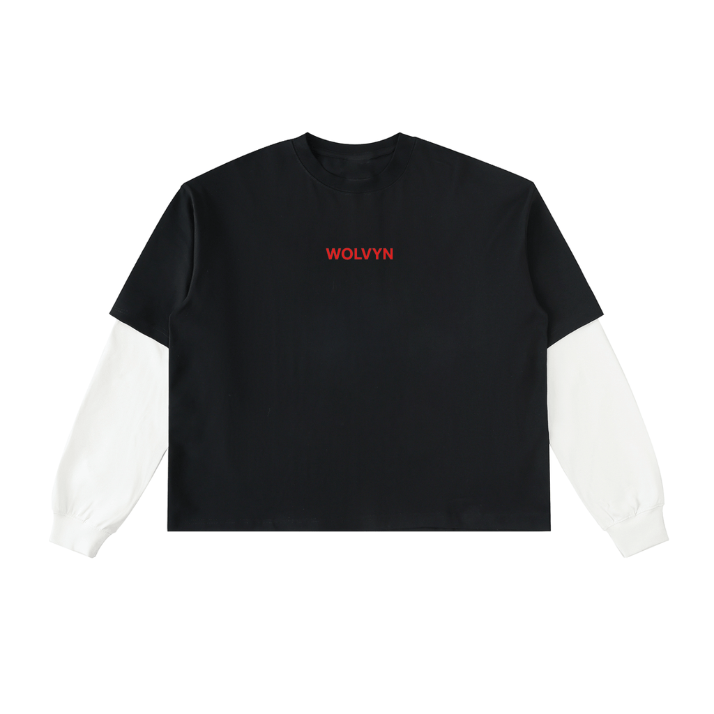 Wolvyn Layered Contrast Sleeve Cotton T-Shirt unisex 100% cotton loose fit drop shoulder long sleeves contrast color patchwork round neck