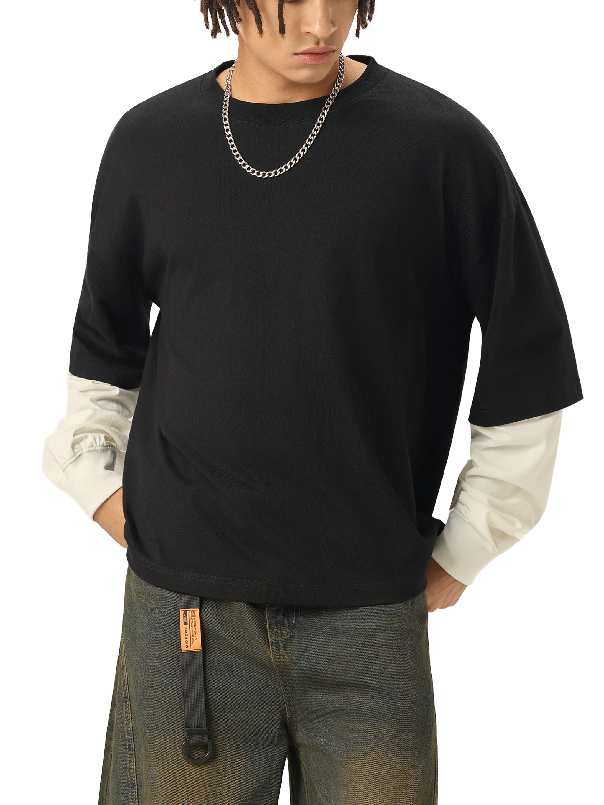 Wolvyn Layered Contrast Sleeve Cotton T-Shirt - Wolvyn Apparel