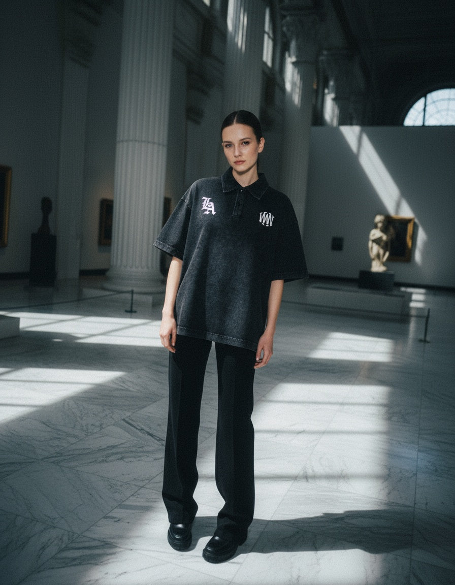 Wolvyn Script Heavyweight Snow-Washed Polo T-Shirt unisex 100% cotton short sleeve drop shoulder snow-wash finish