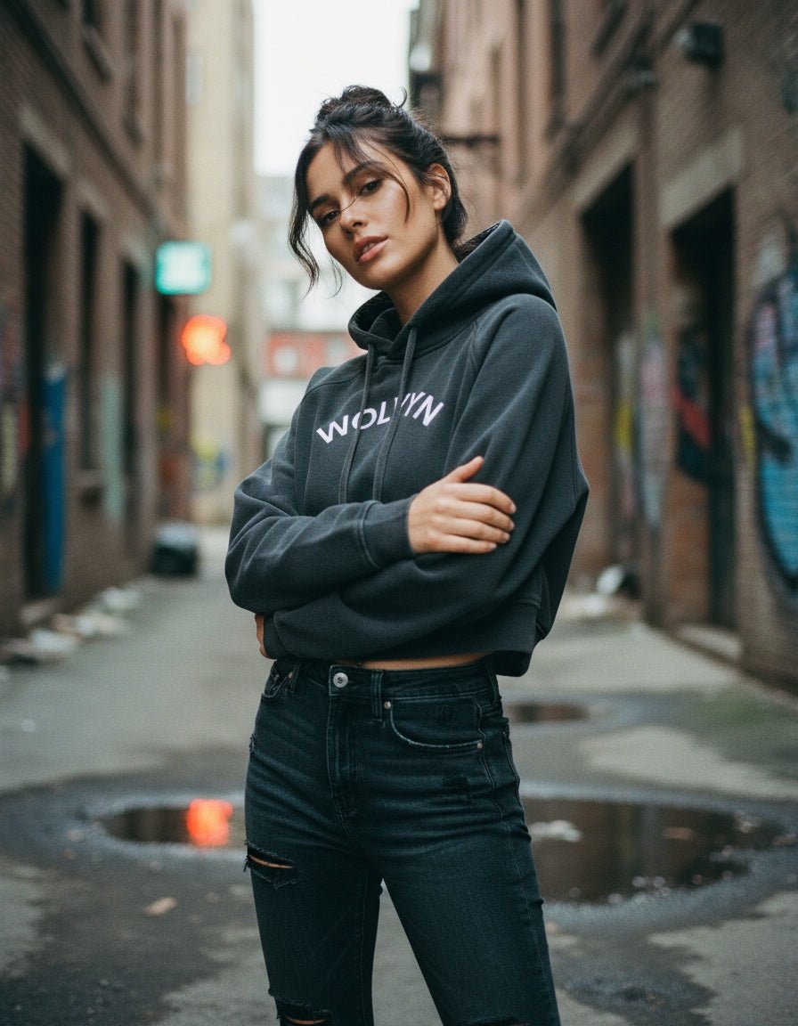 Wolvyn Snow Washed Cropped Hoodie women's loose drop shoulder cropped length drawstring hood snow-wash texture 42% cotton 53% polyester