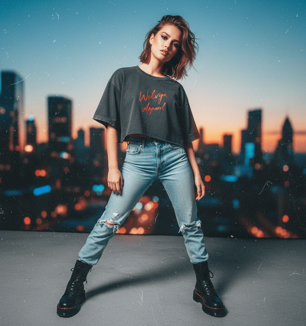 Wolvyn Snow Washed Raw Edge Crop Top, snow-washed light gray 100% cotton crop tee with raw hem, drop shoulder, round neck