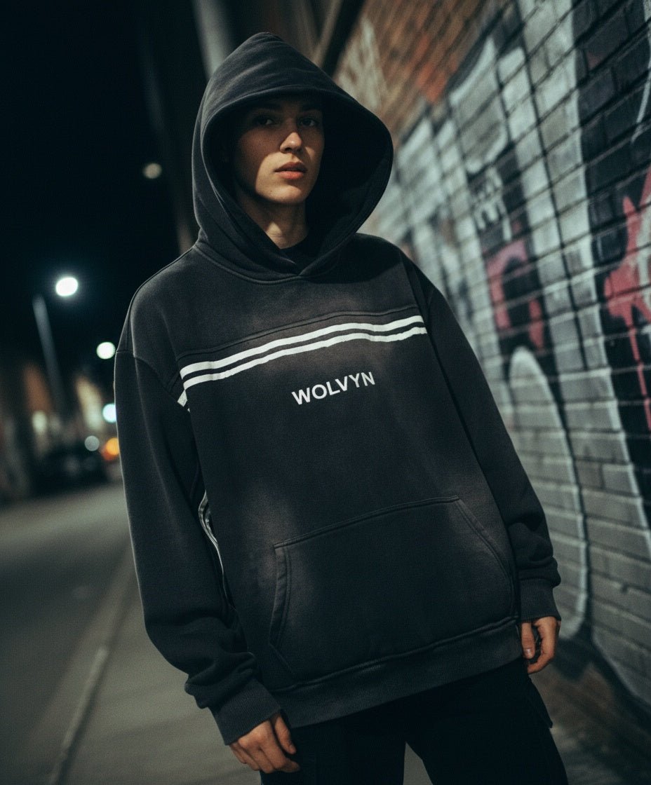 Wolvyn Strip Sun Fade Contrast Tape Fleece Hoodie unisex oversized hooded drop shoulder thick 332 g/m2 print 40x52 cm