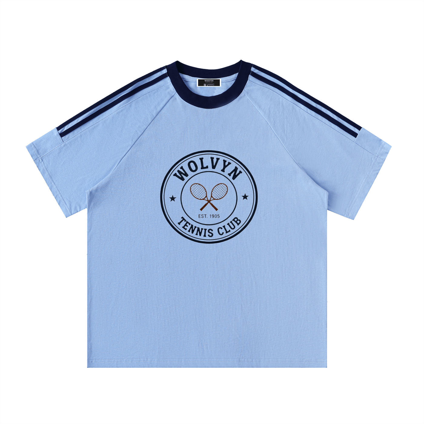 Wolvyn Tennis Club Contrast Tape Crewneck Cotton T-Shirt - Wolvyn Apparel