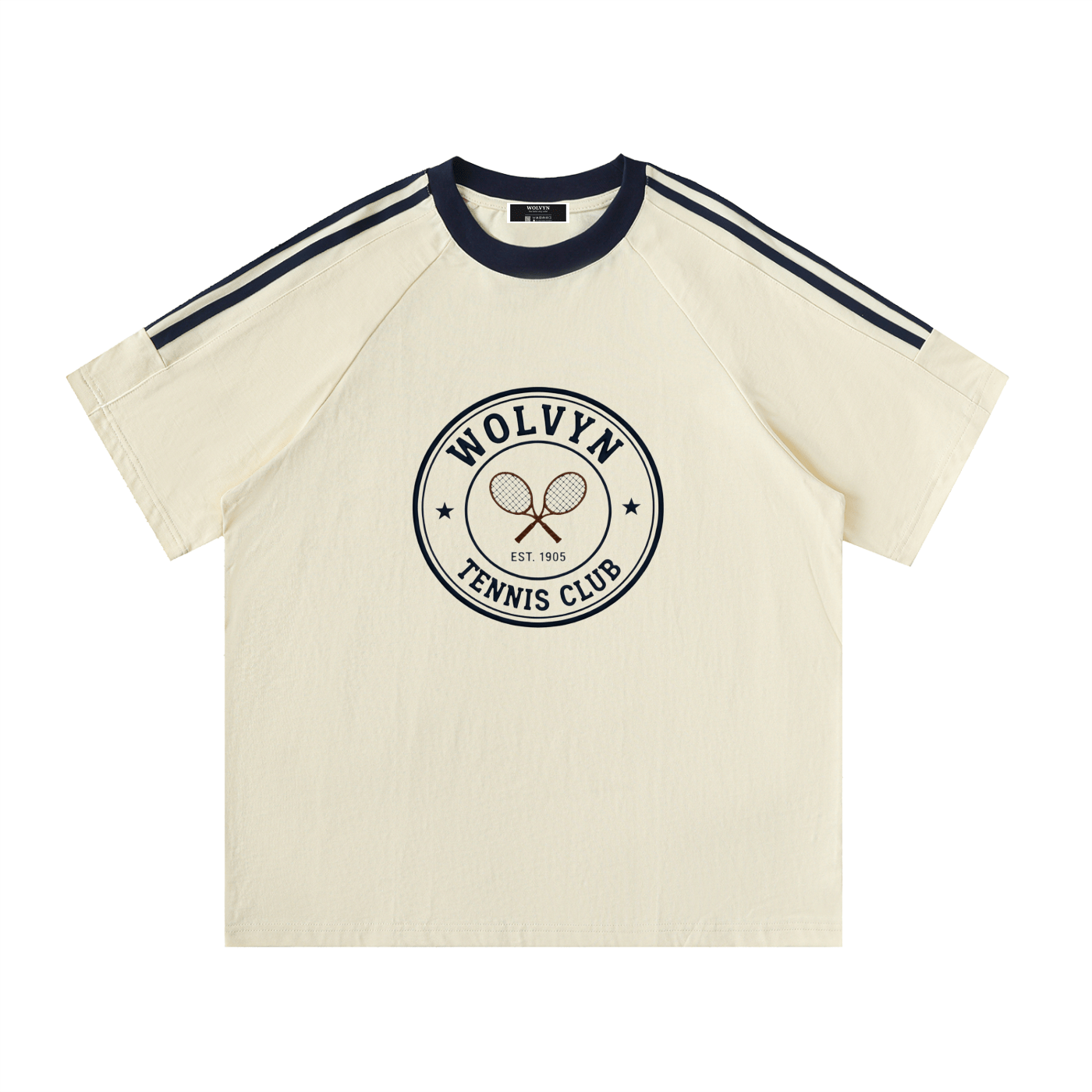 Wolvyn Tennis Club Contrast Tape Crewneck Cotton T-Shirt - Wolvyn Apparel