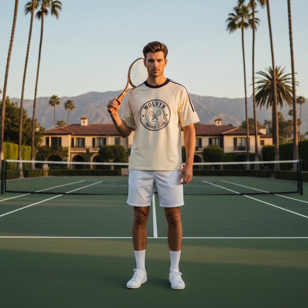 Wolvyn Tennis Club Contrast Tape Crewneck Cotton T-Shirt - Wolvyn Apparel