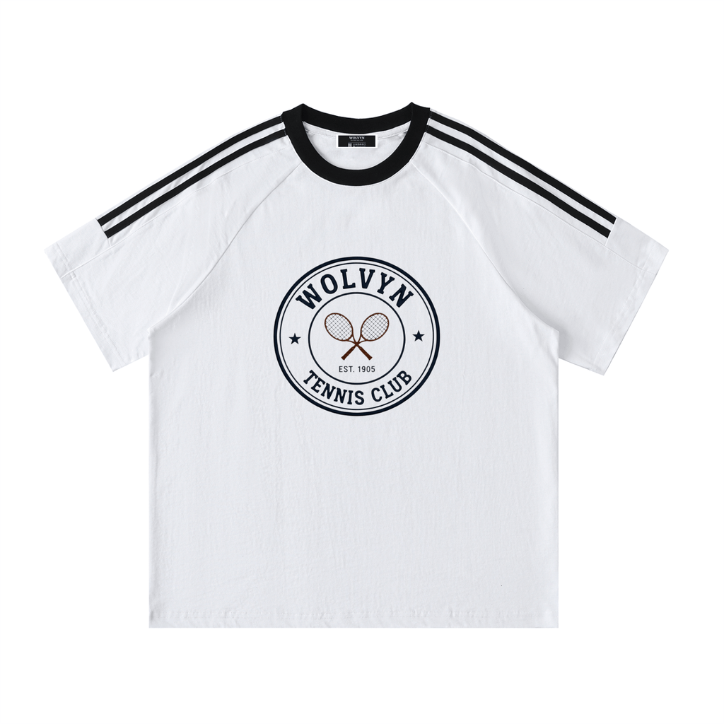 Wolvyn Tennis Club Contrast Tape Crewneck Cotton T-Shirt - Wolvyn Apparel