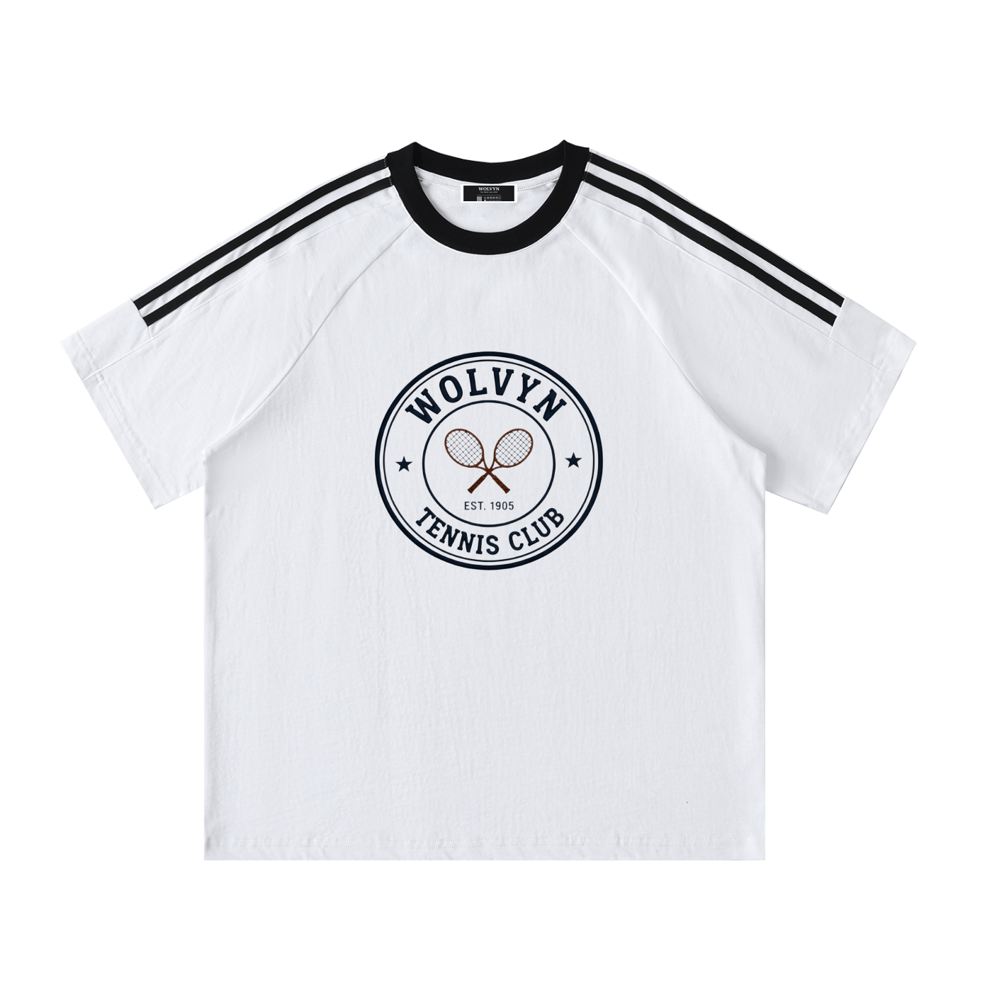 Wolvyn Tennis Club Contrast Tape Crewneck Cotton T-Shirt - Wolvyn Apparel